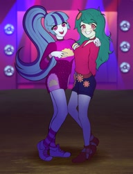 Size: 788x1024 | Tagged: safe, artist:rileyav, sonata dusk, wallflower blush, better together, equestria girls, sunset's backstage pass!, arm on shoulder, clothes, converse, cute, duo, duo female, female, flowerbetes, grin, shoes, smiling, sneakers, socks, sonatabetes, starswirl music festival