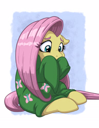 Size: 1275x1650 | Tagged: safe, artist:latecustomer, fluttershy, pegasus, pony, abstract background, clothes, cute, female, floppy ears, mare, oversized clothes, shyabetes, sitting, solo, sweater, sweatershy