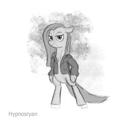 Size: 1700x1700 | Tagged: safe, artist:hypno, pinkie pie, pony, bipedal, clothes, leather jacket, monochrome, solo