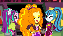 Size: 1912x1080 | Tagged: safe, screencap, adagio dazzle, aria blaze, sonata dusk, better together, equestria girls, sunset's backstage pass!, clothes, dress, female, lidded eyes, minidress, open mouth, outdoors, pigtails, ponytail, raised eyebrow, smiling, spiked wristband, taco dress, the dazzlings, trio, trio female, twintails, wristband