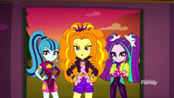 Size: 1366x768 | Tagged: safe, screencap, adagio dazzle, aria blaze, sonata dusk, better together, equestria girls, sunset's backstage pass!, crossed arms, discovery family logo, hand on hip, smiling, smirk, the dazzlings