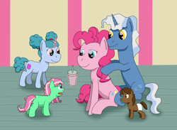 Size: 1600x1173 | Tagged: safe, artist:allonsbro, pinkie pie, pokey pierce, oc, oc:cupcake quartz, oc:peppermint pie, earth pony, pony, male, next generation, offspring, parent:pinkie pie, parent:pokey pierce, parents:pokeypie, pokeypie, shipping, straight