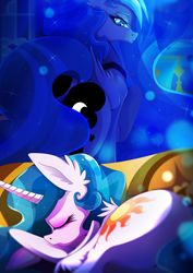 Size: 1358x1920 | Tagged: safe, artist:rariedash, princess celestia, princess luna, alicorn, pony, curved horn, female, horn, looking back, mare, night, pillow, sleeping, wings
