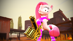 Size: 5120x2880 | Tagged: safe, artist:hyperwave9000, pinkie pie, earth pony, pony, 3d, clothes, looking at you, minigun, pinkamena diane pie, remake, slasher smile, socks, solo, source filmmaker, team fortress 2