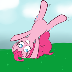 Size: 1000x1000 | Tagged: safe, artist:yakoshi, pinkie pie, earth pony, pony, cartwheel, handstand, solo