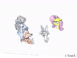 Size: 3296x2502 | Tagged: safe, artist:endlesswire94, angel bunny, fluttershy, oc, oc:endless wire, oc:naphtali, dog, pegasus, pony, angel is a bunny bastard, arms in the air, clinging, evil grin, fluttershy is not amused, golden retriever, menacing, peeved, prank, pure unfiltered evil, rearing, scared, the chronicles of endless wire, trembling, unamused