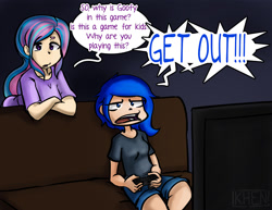 Size: 1002x775 | Tagged: safe, artist:kprovido, princess celestia, princess luna, human, colored text, confused, controller, dark background, gamer luna, humanized, kingdom hearts, luna is not amused, television, unamused, yelling