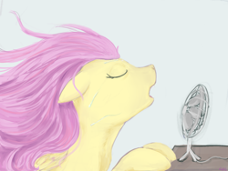 Size: 1280x960 | Tagged: safe, artist:causticeichor, fluttershy, pegasus, pony, bust, eyes closed, fan, hot, open mouth, solo, summer, windswept mane