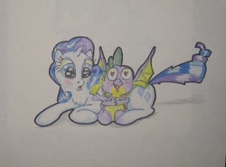 Size: 688x509 | Tagged: safe, artist:hillbe, rarity, spike, dragon, pony, unicorn, blushing, female, heart eyes, male, shipping, sparity, straight, traditional art, wingding eyes, winged spike, wings