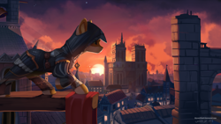 Size: 1920x1080 | Tagged: safe, artist:discordthege, derpibooru import, oc, oc only, earth pony, pony, assassin's creed, bell, digital art, scenery, signature, solo, sunset, town, wallpaper