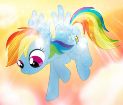 Size: 900x769 | Tagged: safe, artist:deryka, derpibooru import, rainbow dash, pegasus, pony, cloud, crepuscular rays, cute, dashabetes, female, flying, mare, sky, solo, spread wings, wings