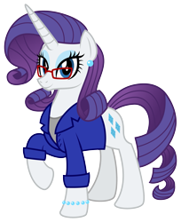 Size: 2425x2970 | Tagged: safe, artist:aleximusprime, rarity, pony, unicorn, flurry heart's story, beads, bio in description, clothes, ear piercing, earring, fabulous, fashion, fashion designer, glasses, jacket, jewelry, older, older rarity, piercing, raised hoof, simple background, solo, transparent background