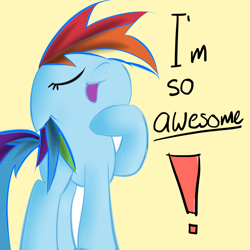 Size: 2000x2000 | Tagged: safe, artist:strangemoose, derpibooru import, rainbow dash, pegasus, pony, awesome, cute, dashabetes, exclamation point, eyes closed, female, floppy ears, haughty, mare, narcissism, nose in the air, open mouth, simple background, solo, yellow background