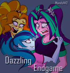 Size: 1264x1325 | Tagged: safe, artist:mandy1412, adagio dazzle, aria blaze, sonata dusk, equestria girls, avengers: endgame, clothes, crying, death, disintegration, female, shirt, smiling, the dazzlings