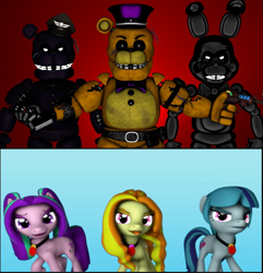 Size: 1280x1328 | Tagged: safe, artist:tac129max, adagio dazzle, aria blaze, sonata dusk, earth pony, pony, equestria girls, 3d, animatronic, comparison, equestria girls ponified, eyebrows, five nights at freddy's, five nights at freddy's 2, golden freddy, ponified, shadow bonnie, shadow freddy, source filmmaker, the chief (animatronic), the dazzlings, the special strike, thehottest dog