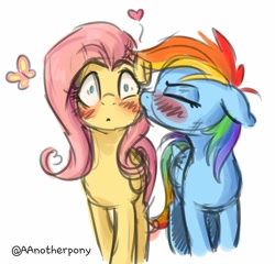 Size: 1146x1102 | Tagged: safe, artist:aanotherpony, derpibooru import, fluttershy, rainbow dash, butterfly, pegasus, pony, blushing, female, floating heart, flutterdash, heart, kiss on the cheek, kissing, lesbian, shipping, simple background, white background