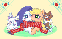 Size: 1000x625 | Tagged: safe, artist:phyllismi, applejack, opalescence, rarity, winona, earth pony, pony, unicorn, clothes, female, lesbian, one eye closed, rarijack, scarf, shared clothing, shared scarf, shipping, wink