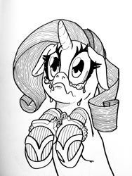 Size: 960x1280 | Tagged: safe, artist:docwario, rarity, pony, unicorn, black and white, crying, cuffs, floppy ears, grayscale, hand cuffs, handcuffed, ink drawing, monochrome, raritober, solo, traditional art