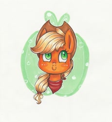 Size: 1925x2089 | Tagged: safe, artist:pumpkinkikile, applejack, earth pony, pony, bandana, bust, portrait, smiling, solo, traditional art