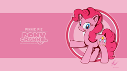 Size: 2560x1440 | Tagged: safe, artist:fuzon-s, derpibooru import, pinkie pie, earth pony, pony, female, happy, looking at you, mare, pony channel, raised hoof, solo, style emulation, wallpaper, yuji uekawa style