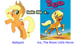 Size: 782x464 | Tagged: safe, applejack, earth pony, pony, comparison, ico, ico the brave little horse, needs more jpeg