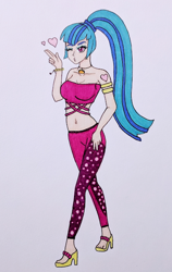 Size: 394x625 | Tagged: safe, artist:metalamethyst, sonata dusk, human, better together, equestria girls, find the magic, sunset's backstage pass!, bracelet, breasts, cleavage, clothes, feet, floating heart, heart, jewelry, kissy face, midriff, one eye closed, pants, ponytail, shoes, simple background, tanktop, traditional art, white background, wink