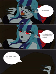 Size: 5160x6768 | Tagged: safe, artist:cbear624, sonata dusk, anthro, vampire, breasts, cleavage, female, halloween, holiday, lazy, solo, sonata bust, yawn