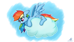 Size: 1920x1080 | Tagged: safe, artist:truffle shine, derpibooru import, rainbow dash, pegasus, pony, cloud, cute, dashabetes, female, looking down, mare, on a cloud, prone, sky, smiling, solo, spread wings, wings