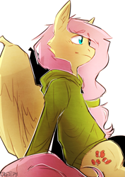 Size: 809x1143 | Tagged: safe, artist:suplolnope, fluttershy, pegasus, pony, clothes, creepershy, hoodie, sitting, solo