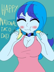 Size: 1932x2576 | Tagged: safe, artist:c_w, sonata dusk, equestria girls, big breasts, blushing, breasts, cleavage, cute, eyelashes, eyes closed, eyeshadow, food, happy, jewelry, makeup, pendant, smiling, solo, sonata bust, sonatabetes, sonataco, taco, that girl sure loves tacos