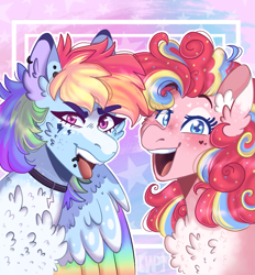 Size: 869x937 | Tagged: safe, artist:wanderingpegasus, derpibooru import, pinkie pie, rainbow dash, earth pony, pegasus, pony, cute, dashabetes, diapinkes, digital art, female, mare, piercing, smiling