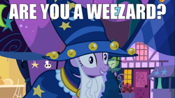 Size: 1366x768 | Tagged: safe, derpibooru import, edit, screencap, twilight sparkle, are you a wizard, image macro, meme, smiling, solo, weezard, wizard