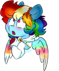 Size: 527x634 | Tagged: safe, artist:honneymoonmlp, derpibooru exclusive, derpibooru import, rainbow dash, pegasus, pony, blushing, bouquet, clothes, colored wings, cute, dashabetes, flower, gloves, leaf, multicolored wings, rainbow dash always dresses in style, simple background, white background, wings