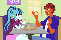 Size: 3750x2500 | Tagged: safe, artist:sharpiesketches, sonata dusk, oc, oc:orange spice, human, equestria girls, dating, eating, sitting, smiling, taco bell, talking