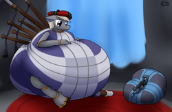 Size: 3107x2038 | Tagged: safe, artist:the-furry-railfan, oc, oc only, oc:hylund, oc:night strike, original species, pegasus, bagpipe dragon, cave, clothes, curtains, cushion, hat, inflation, jacket, plaid, rug, squishy, story included, tam o' shanter, tartan