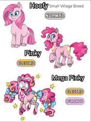 Size: 851x1137 | Tagged: safe, artist:sweetheart-arts, pinkie pie, earth pony, pony, evolution, evolution chart, floating, frown, glowing eyes, grin, hair bow, looking at you, open mouth, pinkamena diane pie, pokémon, rainbow power, smiling, solo, tail bow, unshorn fetlocks