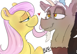 Size: 900x632 | Tagged: safe, artist:bow2yourwaifu, discord, fluttershy, pegasus, pony, blushing, cute, discoshy, eye contact, heart, love, male, shipping, straight