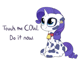 Size: 2729x2191 | Tagged: safe, artist:moozua, rarity, cow, pony, unicorn, bell, bell collar, collar, cowbell, cowified, cute, do it now, ear tag, female, floppy ears, looking up, mare, raribetes, raricow, simple background, sitting, smiling, solo, species swap, text, touch the cow, white background