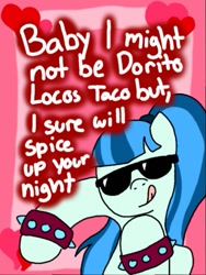 Size: 385x512 | Tagged: safe, artist:seths-girl, sonata dusk, earth pony, pony, :p, equestria girls ponified, female, food, heart, holiday, mare, ponified, solo, sonataco, spiked wristband, sunglasses, taco, tongue out, valentine's day, wristband