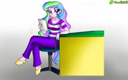 Size: 1280x800 | Tagged: safe, artist:9987neondraws, princess celestia, principal celestia, equestria girls, clothes, pants, shirt, solo, table, trace