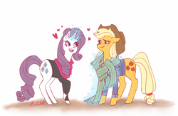 Size: 800x523 | Tagged: safe, artist:audraviolet, applejack, rarity, earth pony, pony, unicorn, clothes, female, lesbian, rarijack, scarf, shipping