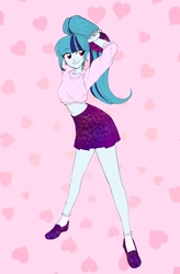 Size: 1342x2048 | Tagged: safe, artist:rileyav, sonata dusk, equestria girls, 80's fashion, adorasexy, arm behind head, breasts, clothes, cute, female, legs, midriff, miniskirt, pleated skirt, ponytail, sexy, shirt, shoes, short shirt, simple background, skirt, smiling, socks, solo, sonata bust, sonatabetes, sweater, turtleneck