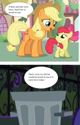 Size: 622x980 | Tagged: safe, screencap, apple bloom, applejack, earth pony, pony, crusaders of the lost mark, made in manehattan, applejack's hat, applejack's hat's death, cowboy hat, hat, trash can