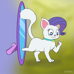 Size: 1000x1000 | Tagged: safe, artist:empyu, rarity, cat, equestria girls, the other side, 30 minute art challenge, alternate scenario, bell, bell collar, cat bell, catified, collar, mirror, raricat, species swap, transformation