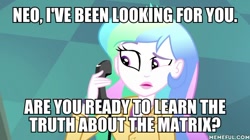 Size: 600x337 | Tagged: safe, edit, edited screencap, screencap, princess celestia, principal celestia, eqg summertime shorts, equestria girls, subs rock, clerks the animated series, image macro, meme, the matrix