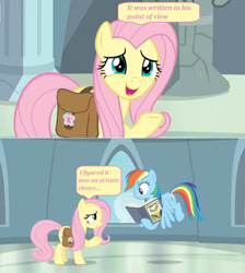 Size: 1600x1782 | Tagged: safe, derpibooru import, edit, edited screencap, screencap, fluttershy, rainbow dash, pegasus, pony, daring doubt, book, comic, dialogue, duo, duo female, female, flying, mare, nervous grin, saddle bag, screencap comic, speech bubble