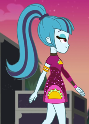 Size: 777x1080 | Tagged: safe, screencap, sonata dusk, better together, equestria girls, sunset's backstage pass!, armlet, clothes, cropped, dress, female, legs, lidded eyes, minidress, outdoors, ponytail, taco dress