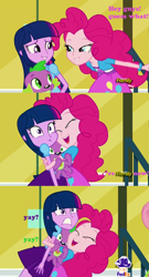 Size: 828x1536 | Tagged: safe, derpibooru import, screencap, pinkie pie, spike, twilight sparkle, twilight sparkle (alicorn), alicorn, dog, equestria girls, rainbow rocks, balloon, boob smothering, bracelet, clothes, cute, discovery family, discovery family logo, fedex, female, hug, hundreds of users filter this tag, jewelry, lidded eyes, love, male, pink text, skirt, smiling, spike the dog