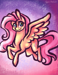 Size: 810x1050 | Tagged: safe, artist:twixyamber, fluttershy, pegasus, pony, flying, looking at you, solo, spread wings