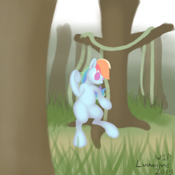 Size: 2000x2000 | Tagged: safe, artist:luohanpone, derpibooru import, rainbow dash, pegasus, pony, semi-anthro, digital painting, forest, solo, unfinished art, wip